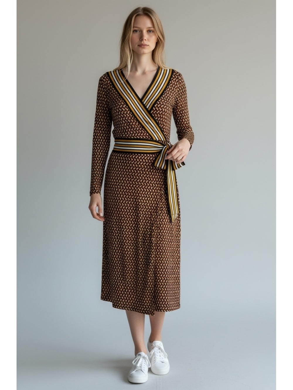 Michael Kors Medium Brown Geometric Pattern Wrap Dress with Striped Waist Tie